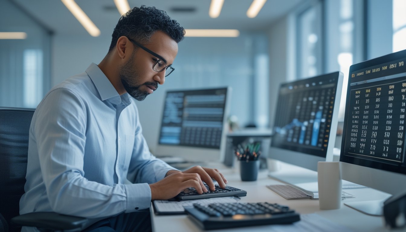 Analis dewasa meninjau pola angka dan grafik statistik di kantor modern.