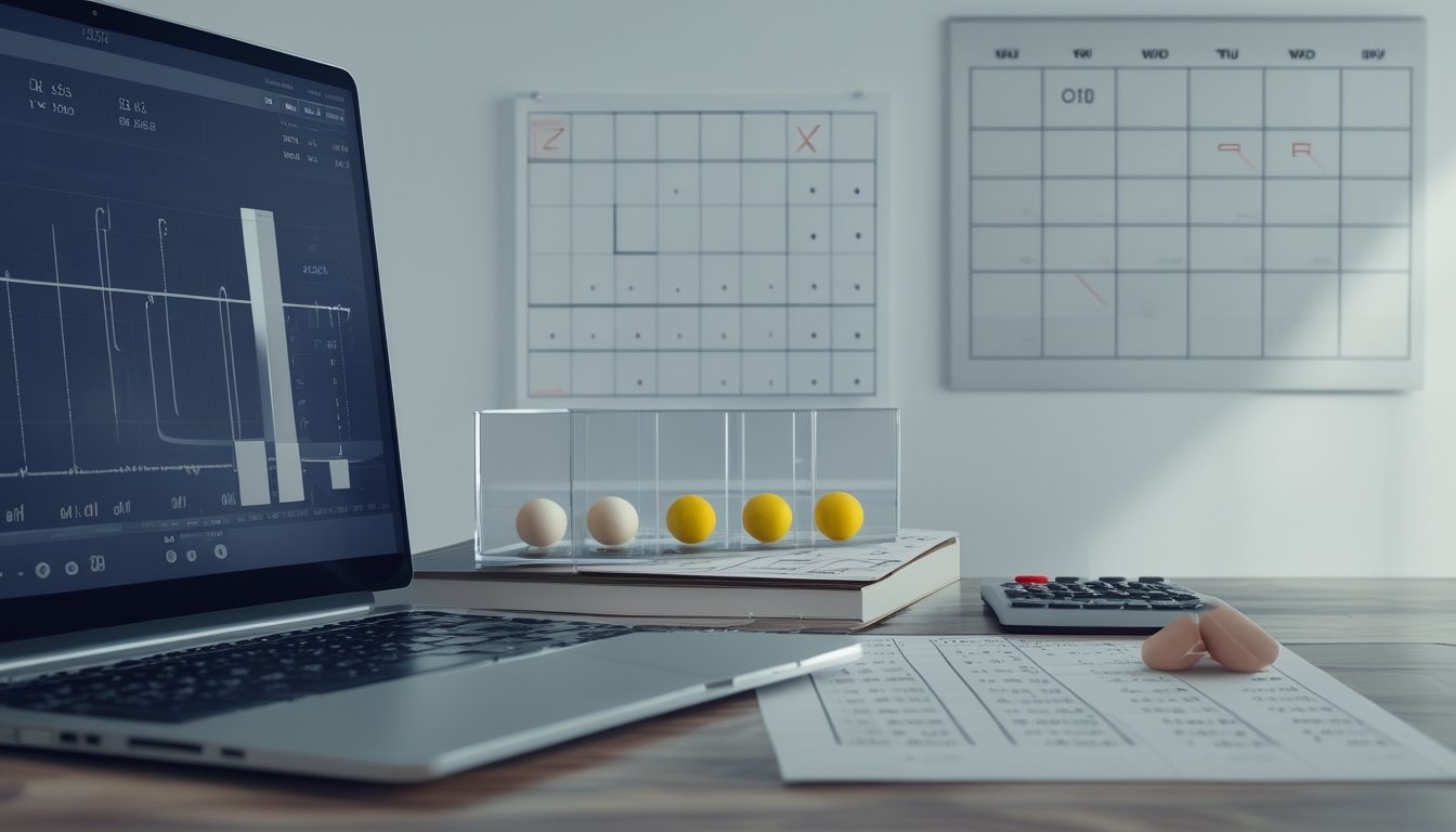 Meja kerja modern dengan laptop berisi grafik abstrak, bola undian bernomor, kalkulator, dan kalender.