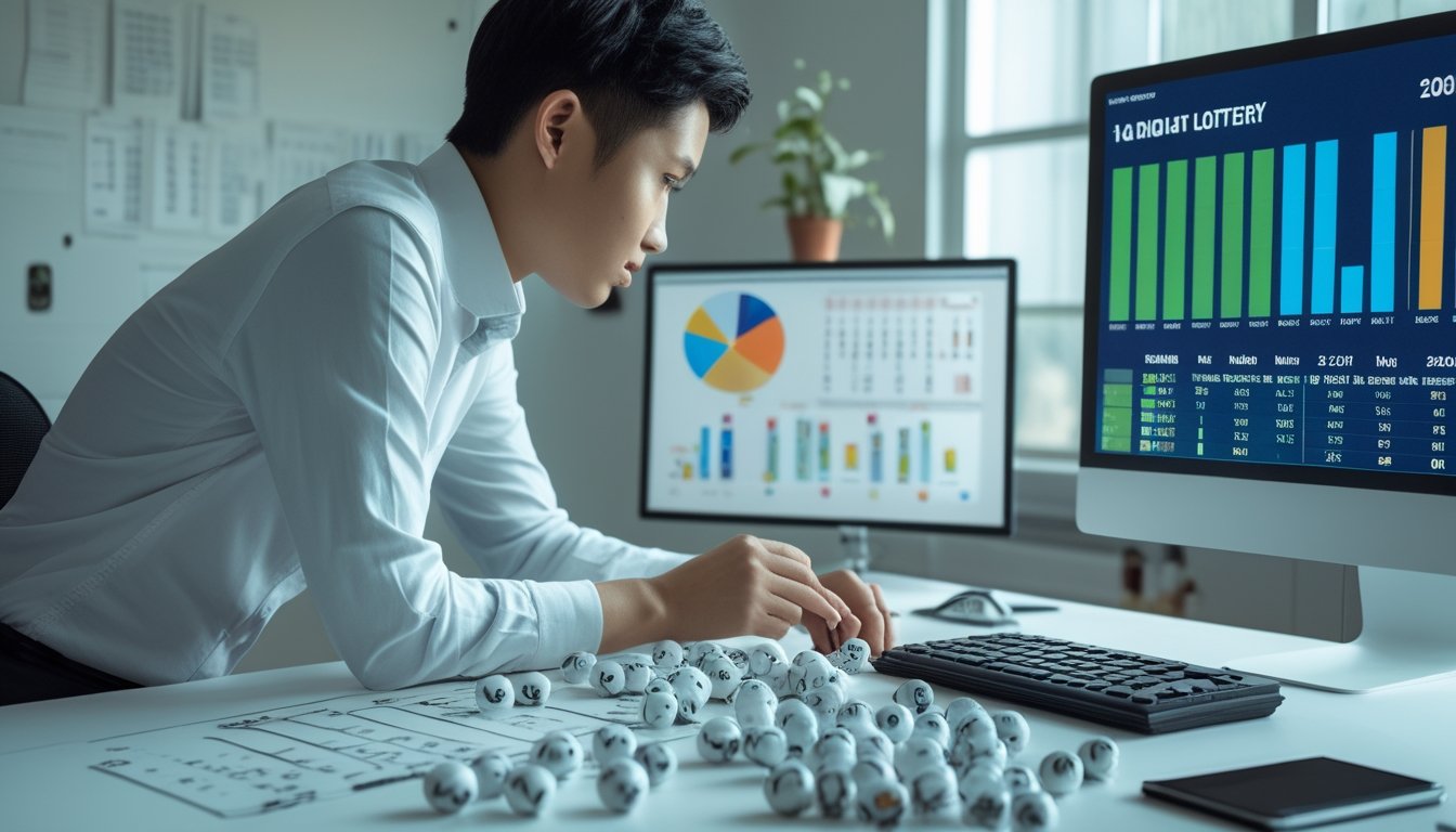 Seorang analis memeriksa pola probabilitas dan angka empat digit secara acak di meja kerja.