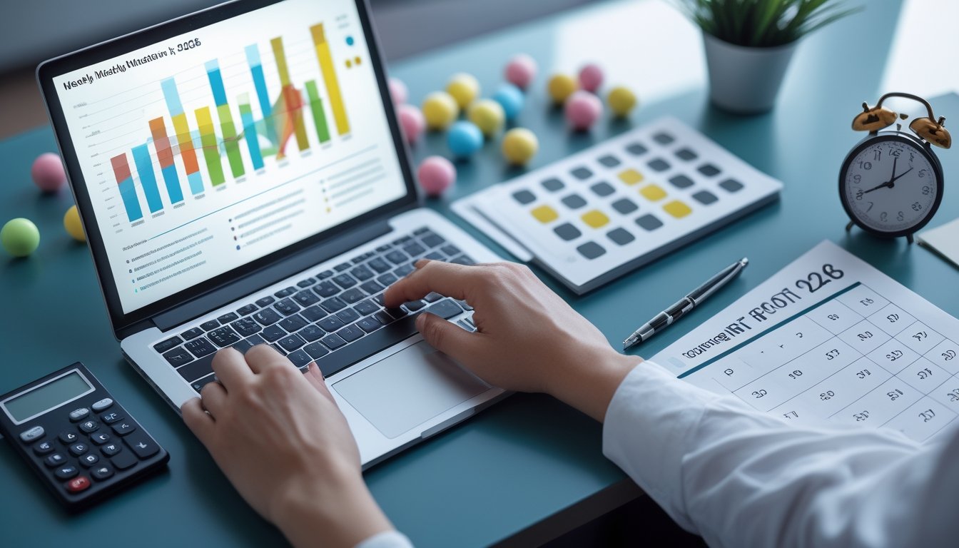Tangan seseorang menganalisis data di laptop dengan bola lotre, kalkulator, dan kalender kosong di atas meja.