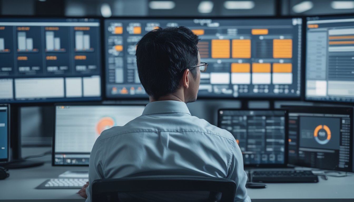 Analis sedang mengamati grafik data dan pola hasil pada beberapa layar di ruang kerja modern.