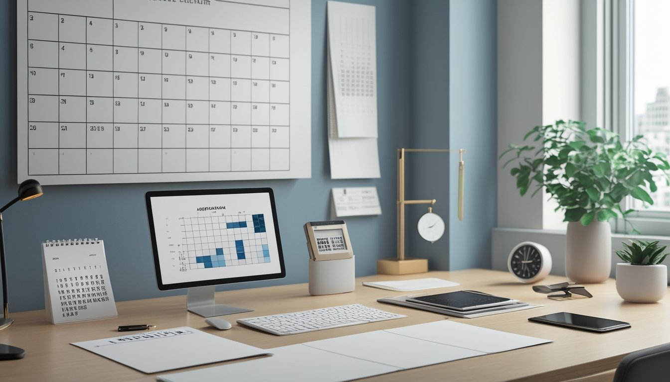 Meja kerja modern dengan kalender tahunan kosong, tablet berisi grafik abstrak, komputer, dan alat tulis.