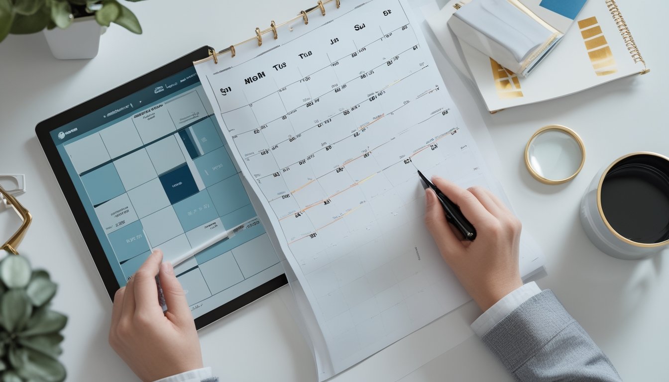 Meja kerja dengan kalender tahunan, tablet berisi jadwal abstrak, pena, dan kaca pembesar.