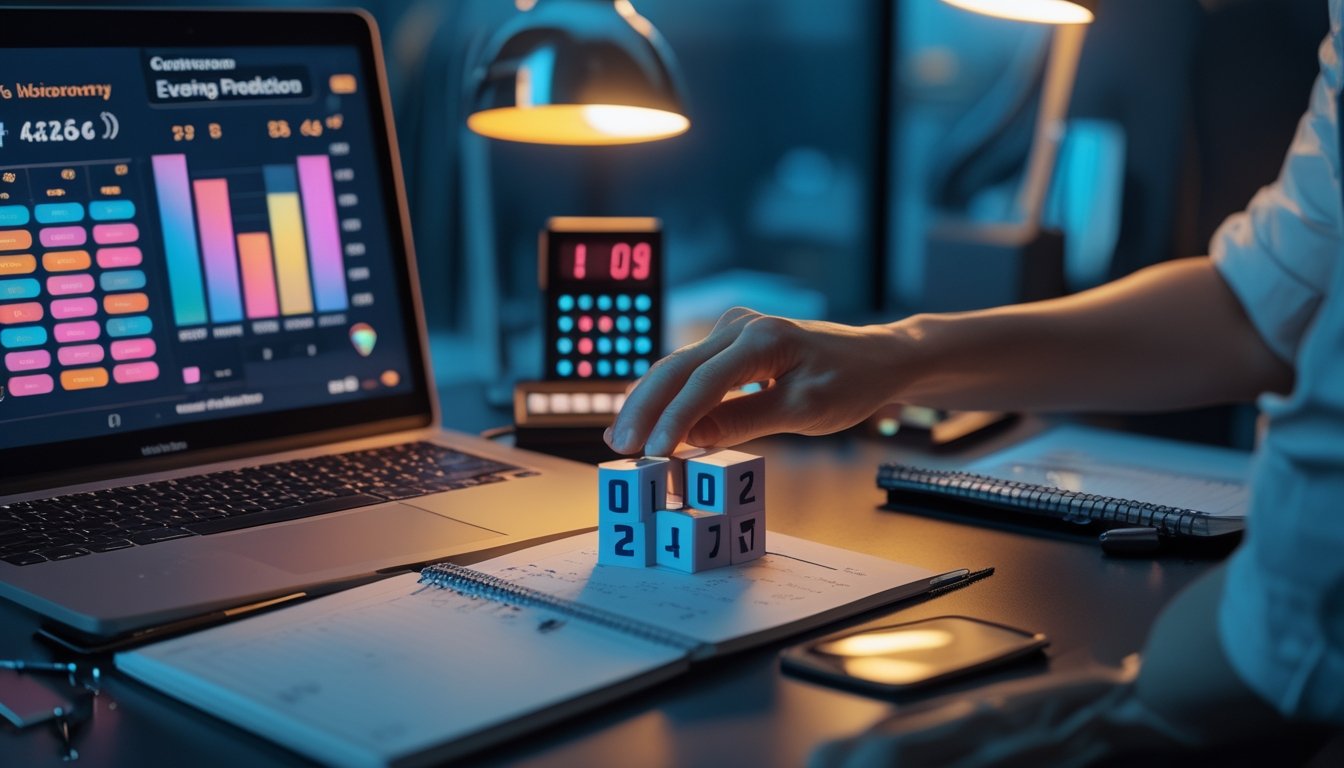 Suasana meja kerja modern pada malam hari dengan laptop berisi grafik abstrak, ubin angka kosong, komputer, dan buku catatan.