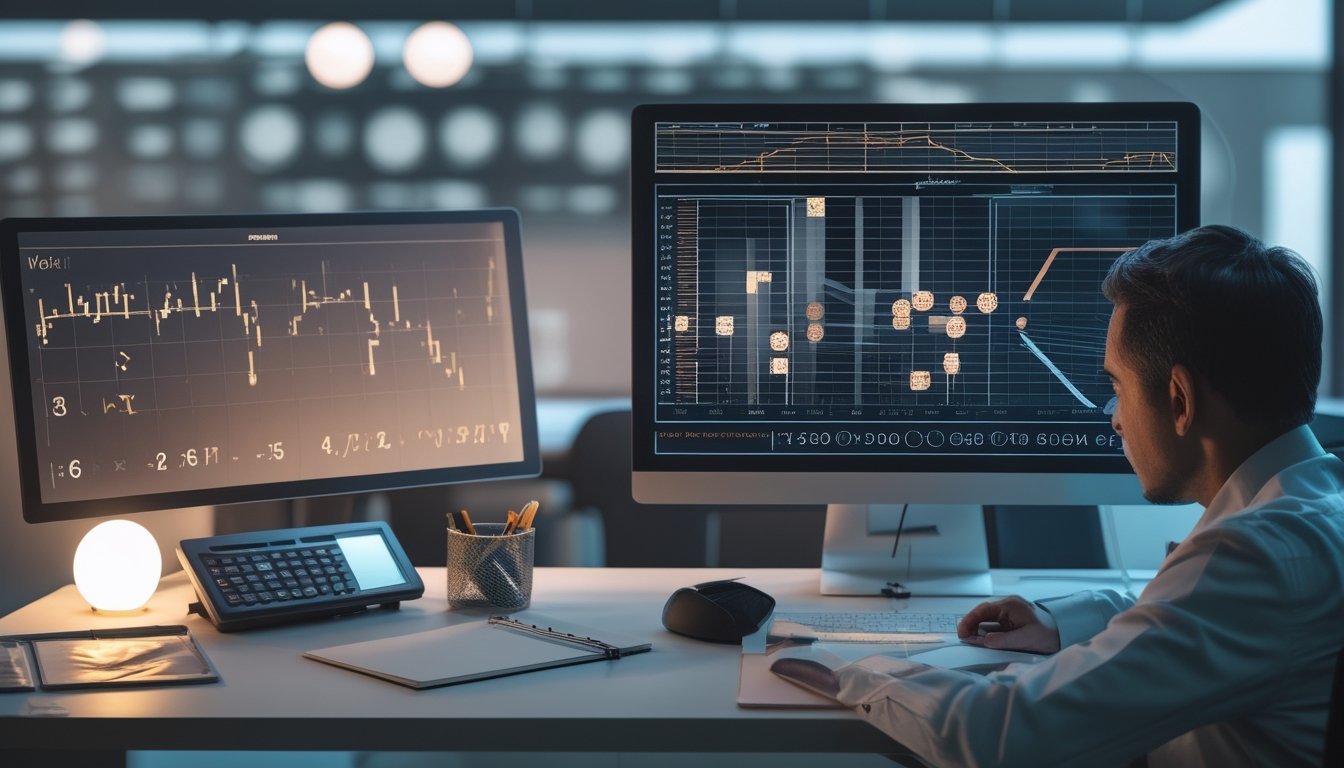 Seorang analis mempelajari probabilitas grafik dan kombinasi angka abstrak di ruang kerja modern.