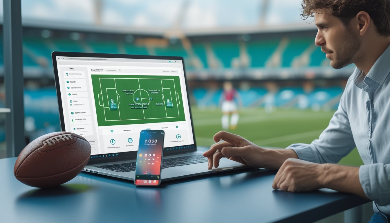 Seseorang menggunakan laptop dan ponsel dengan statistik pertandingan sepak bola serta ikon pembayaran digital di meja modern.