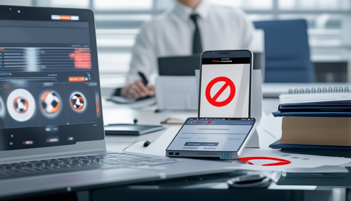 Meja kerja profesional dengan laptop, dokumen regulasi, dan ponsel yang menggambarkan pengawasan hukum terhadap perjudian daring.