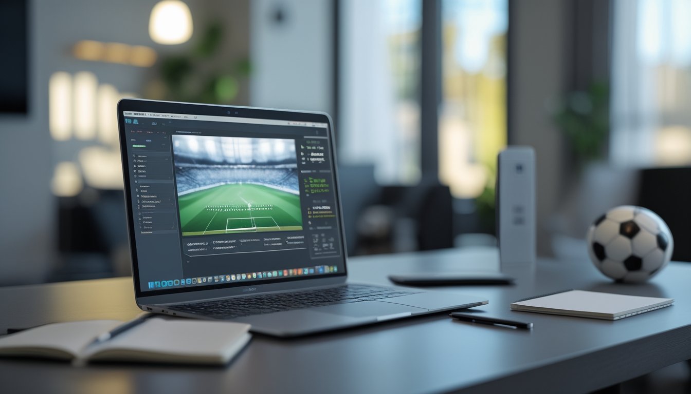 Meja kerja modern dengan laptop dan ponsel yang menampilkan analisis olahraga, ditemani bola sepak dan latar stadion yang samar.