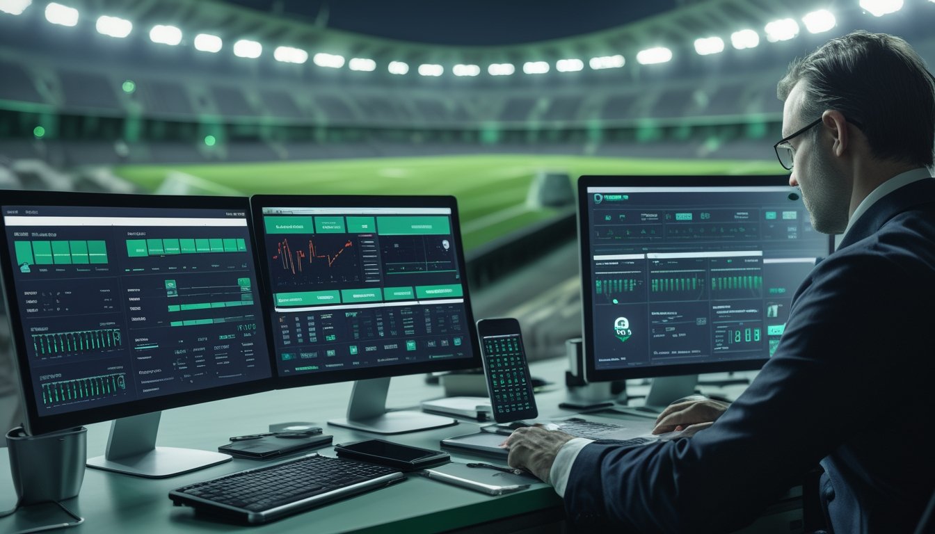 Analis dewasa membandingkan statistik sepak bola dan indikator keamanan pada beberapa layar di ruang kerja modern.