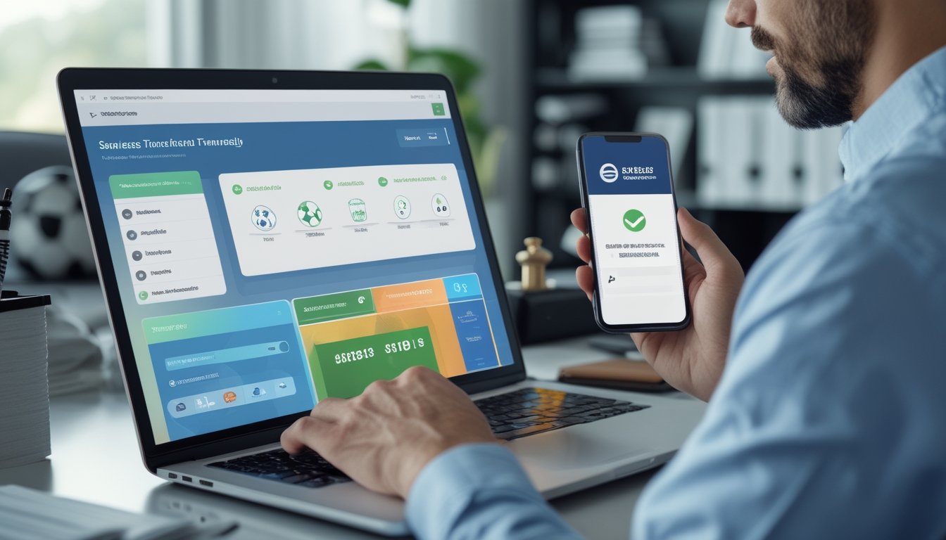 Seseorang menggunakan laptop dengan tampilan pertandingan sepak bola dan dompet digital di meja kerja modern.