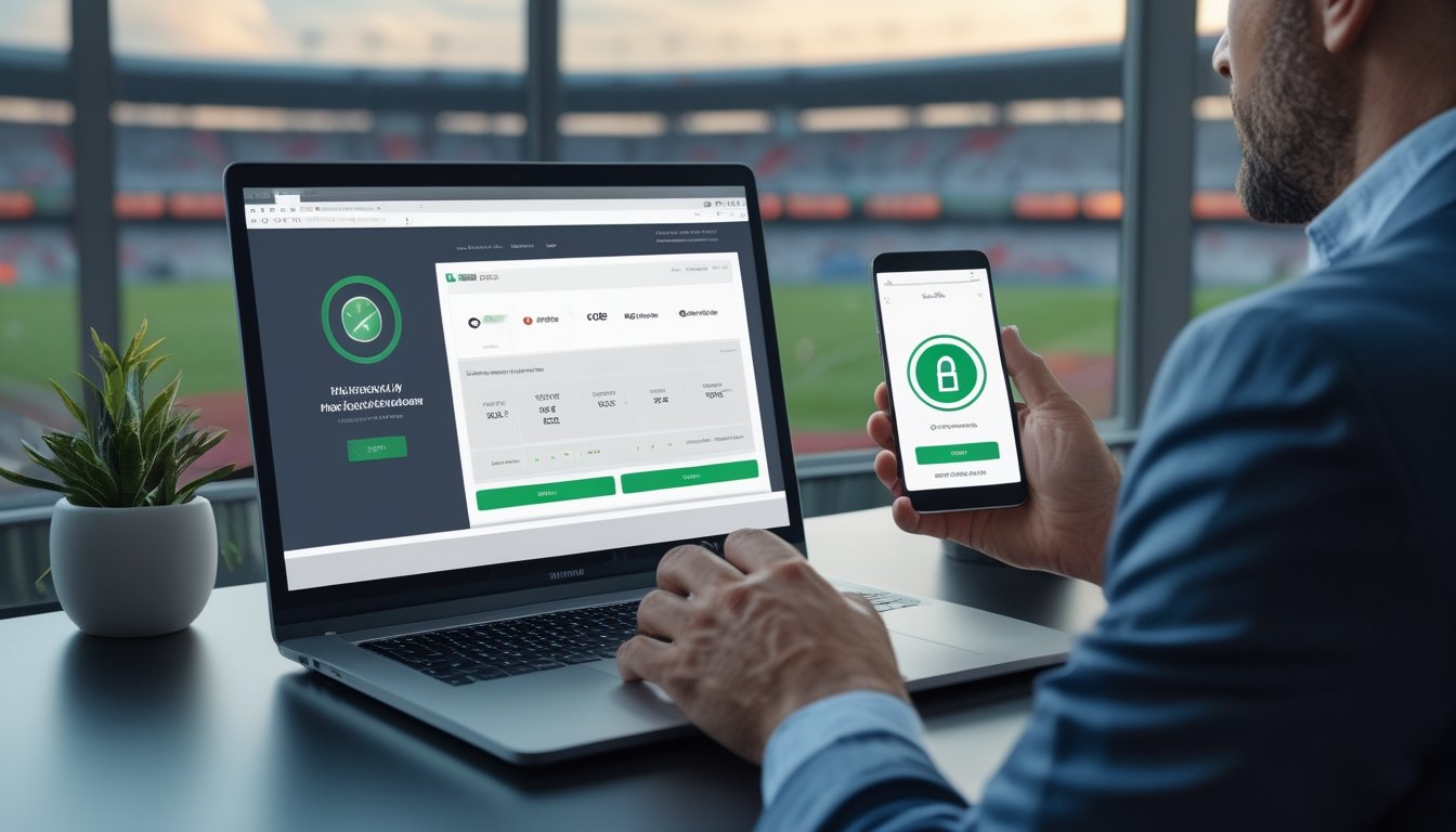 Laptop dan ponsel menampilkan ilustrasi pembayaran digital aman di ruang kerja modern dengan latar stadion sepak bola.