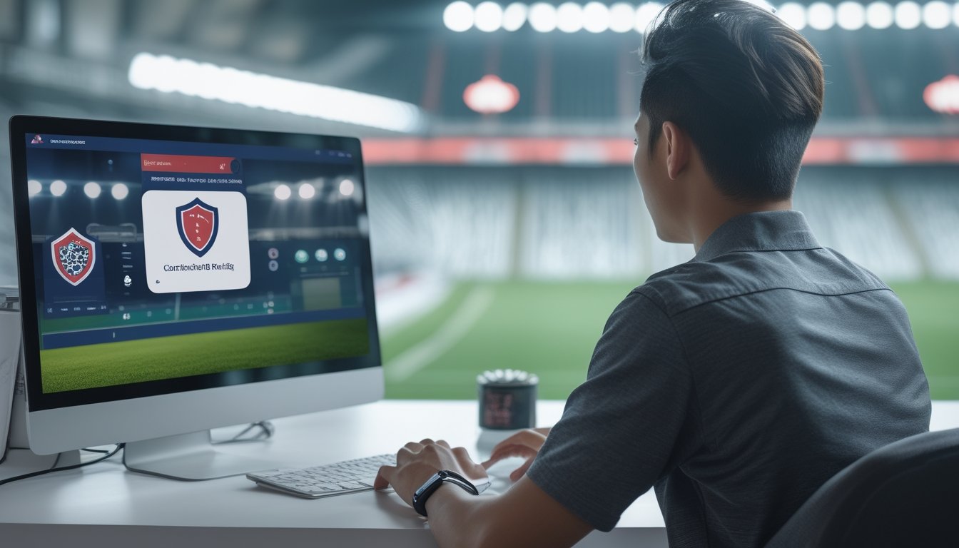 Penggemar sepak bola dewasa menggunakan laptop dan ponsel dengan latar stadion serta simbol keamanan.