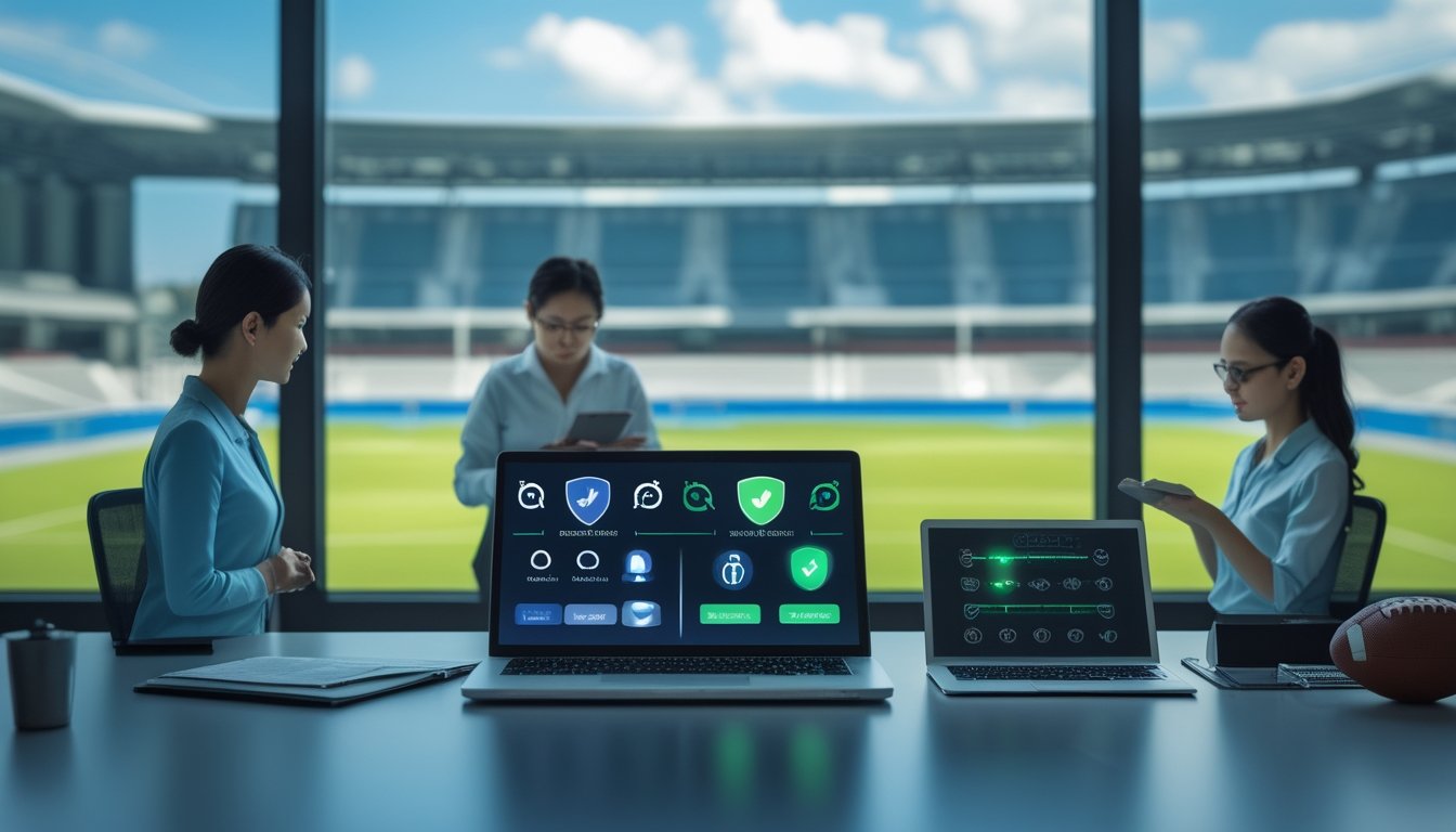 Tim kepatuhan Indonesia memeriksa keamanan dan dokumen lisensi digital dengan latar stadion sepak bola.