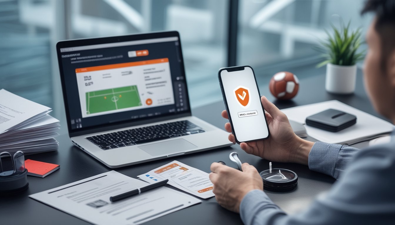 Analis memeriksa dokumen verifikasi, laptop, dan ponsel di meja dengan simbol keamanan serta bola sepak.
