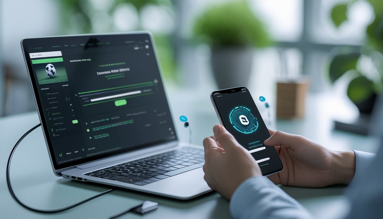 Seseorang menggunakan laptop dan ponsel untuk pembayaran digital terkait platform olahraga daring.