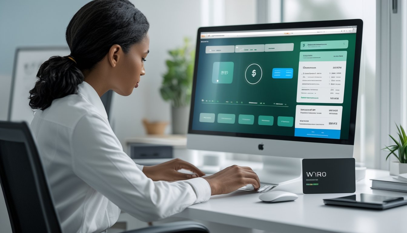 Seseorang menggunakan laptop dan ponsel dengan simbol pembayaran digital yang aman di meja kerja modern.