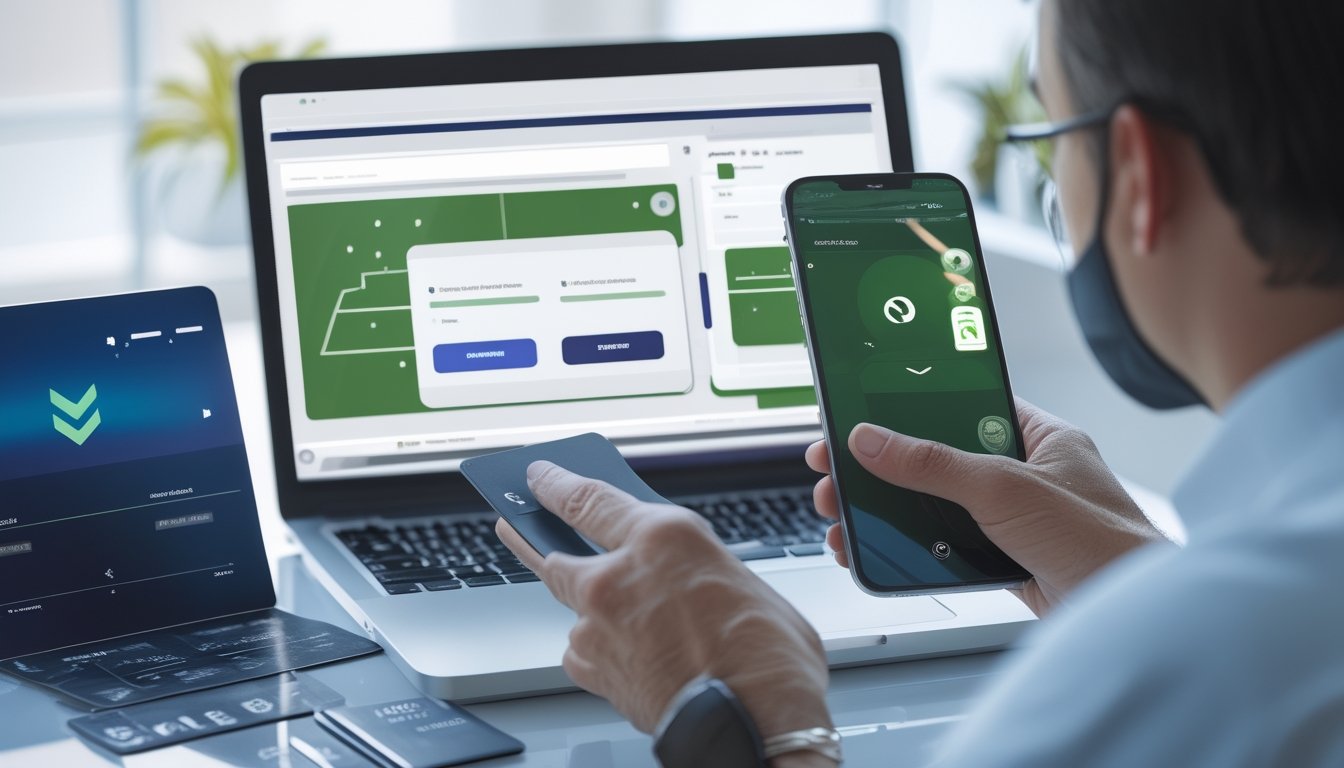 Seseorang meninjau platform olahraga digital dengan laptop dan ponsel, dikelilingi simbol pembayaran digital dan keamanan.