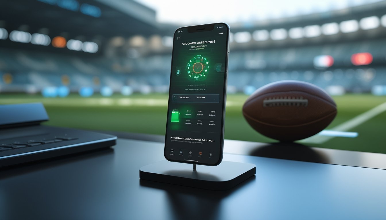 Ponsel dengan tampilan pertandingan sepak bola abstrak diletakkan di samping bola sepak di atas meja modern dengan latar stadion.