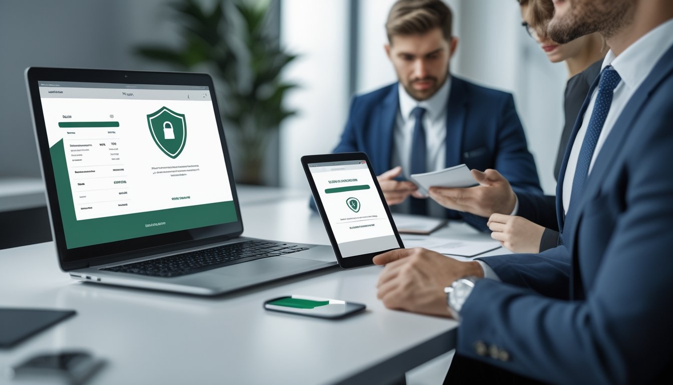 Tim profesional memeriksa keamanan dan kepatuhan platform digital dengan simbol perisai dan gembok.
