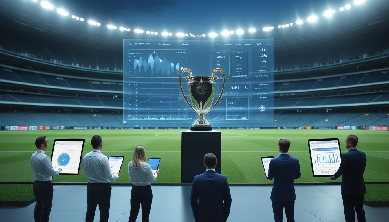 Analis olahraga meninjau data pertandingan di stadion sepak bola dengan trofi juara di depan lapangan.