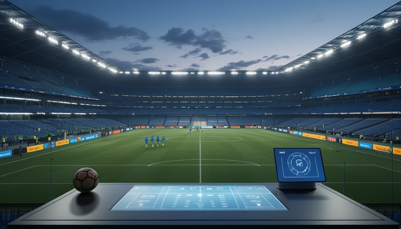 Suasana stadion menjelang pertandingan final sepak bola dengan lapangan hijau, pemain, penonton, dan meja informasi digital.