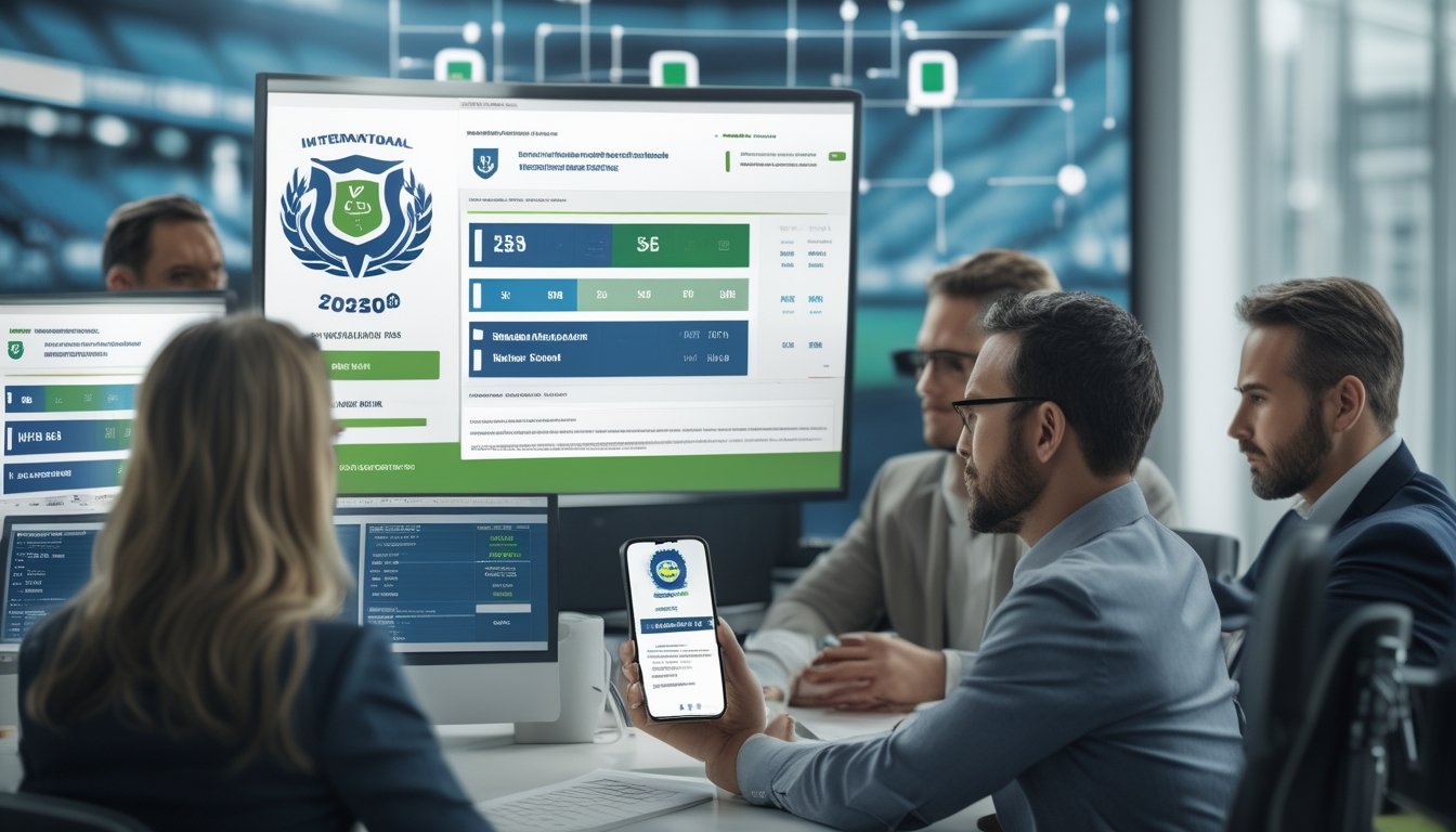 Tim profesional memeriksa statistik pertandingan sepak bola dan keamanan platform digital di ruang kerja modern.