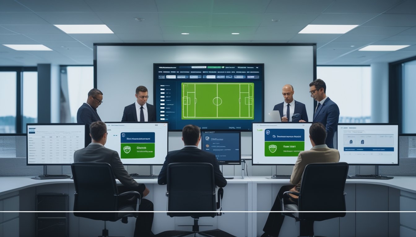 Tim profesional memeriksa lisensi dan keamanan platform taruhan sepak bola daring di kantor modern.