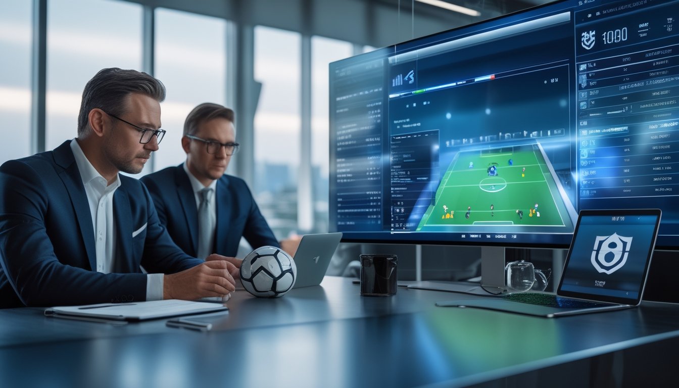 Dua analis sepak bola mempelajari data taktik dan statistik pertandingan di ruang kerja modern.