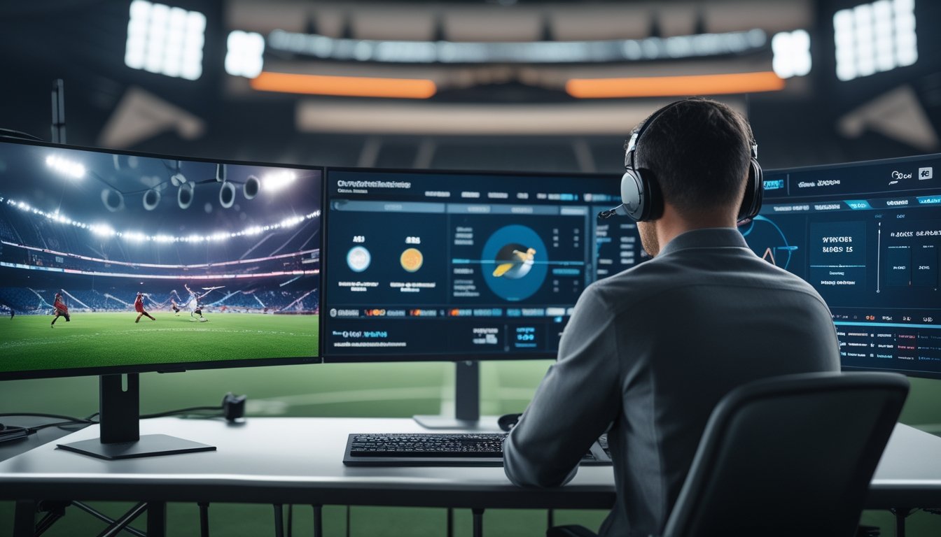 Seorang analis olahraga memantau pertandingan sepak bola langsung dan data pertandingan di beberapa layar.