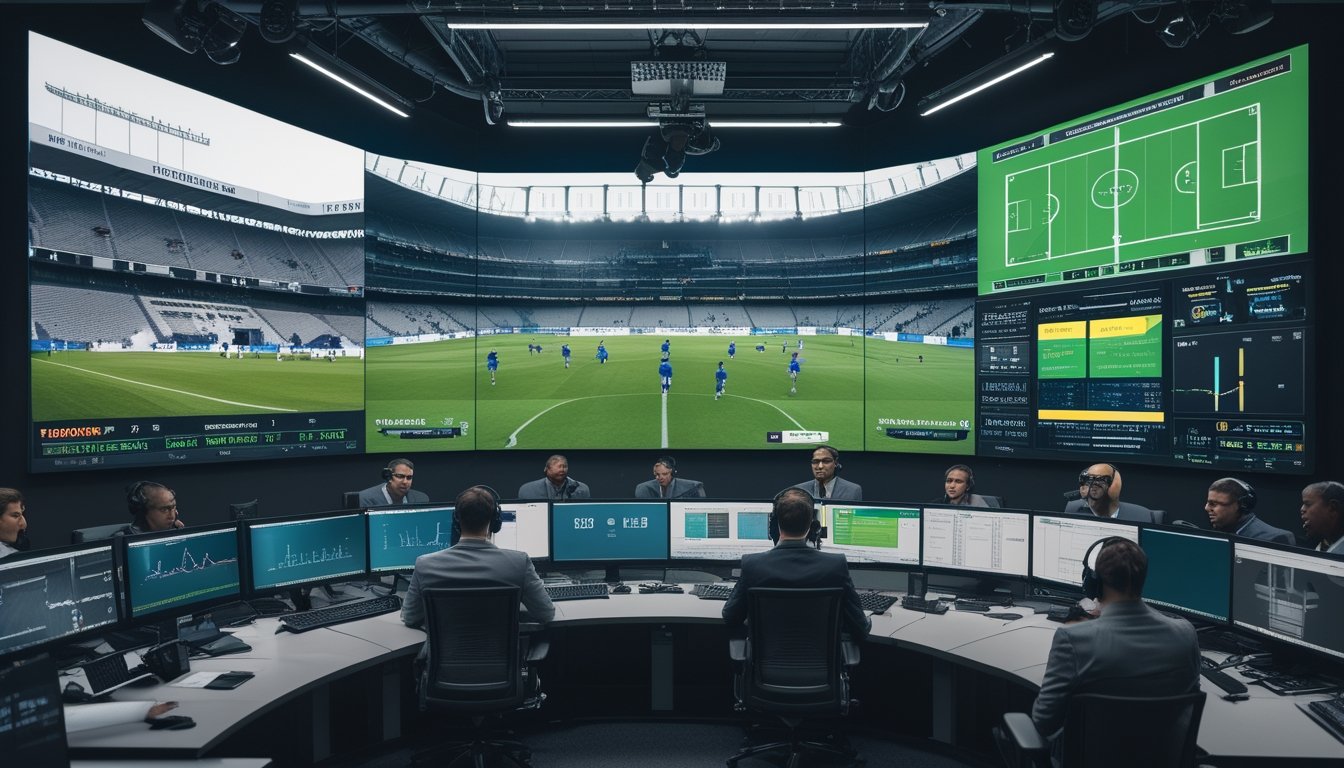 Tim produksi siaran langsung menganalisis pertandingan sepak bola dan data waktu nyata di ruang kontrol modern.