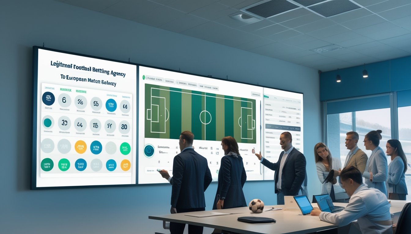 Sekelompok orang dewasa menganalisis data pertandingan sepak bola di kantor modern dengan layar statistik.
