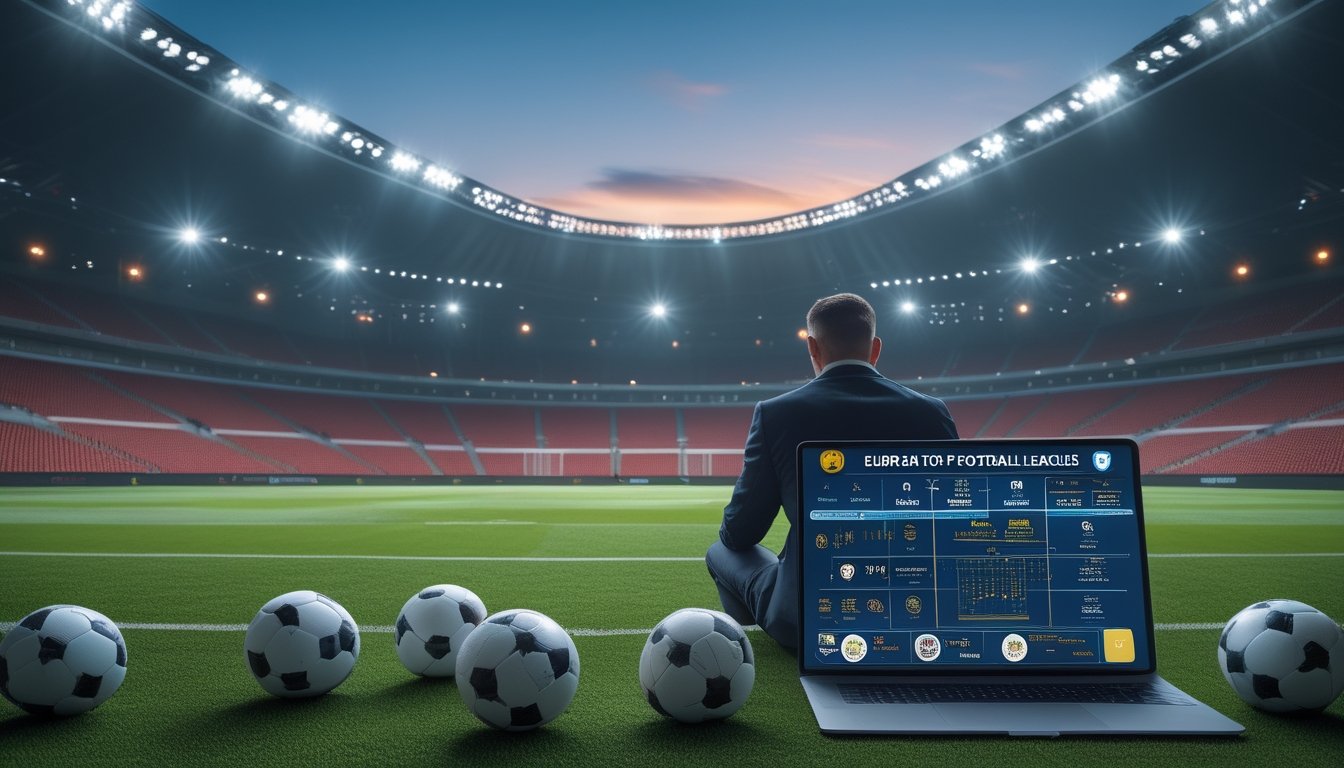 Analis olahraga mempelajari data pertandingan sepak bola di stadion Eropa yang terang pada malam hari.
