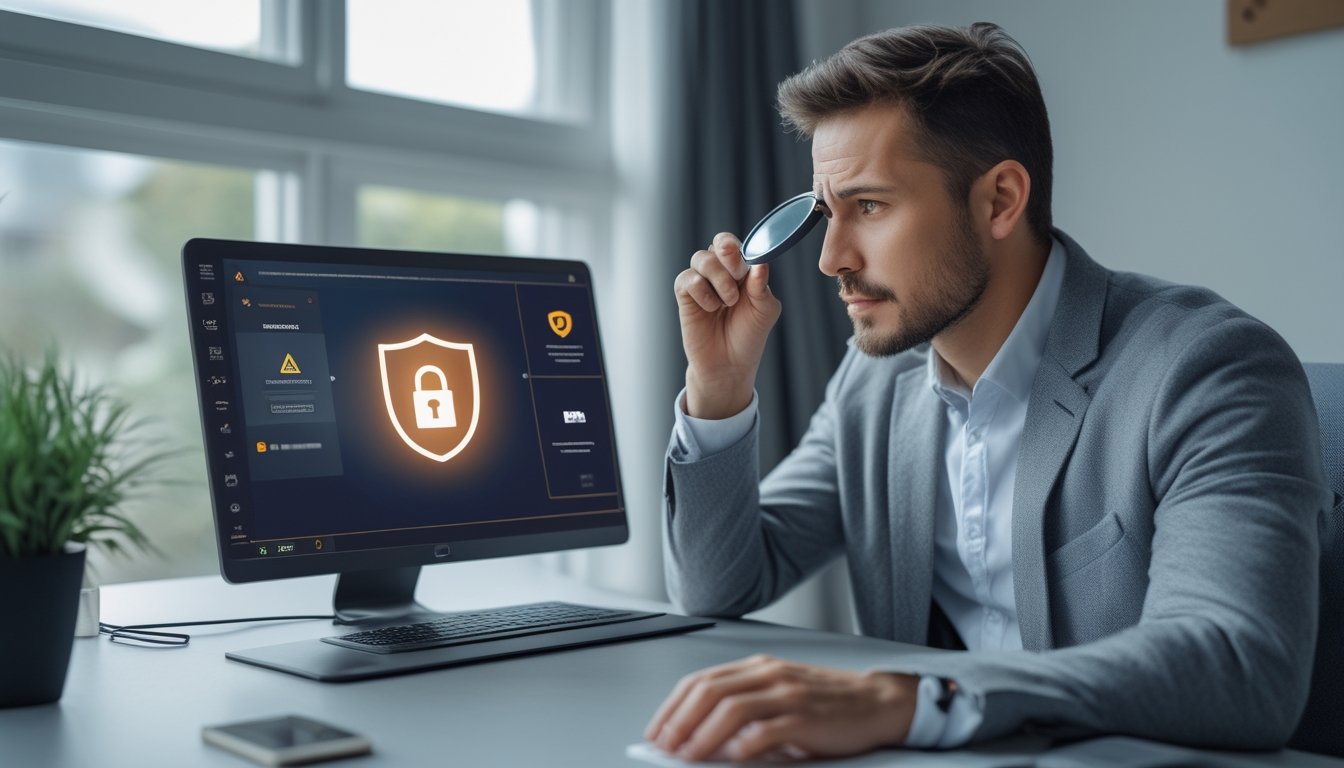 Seseorang memeriksa laptop dan ponsel dengan simbol peringatan keamanan untuk mengenali platform online yang mencurigakan.