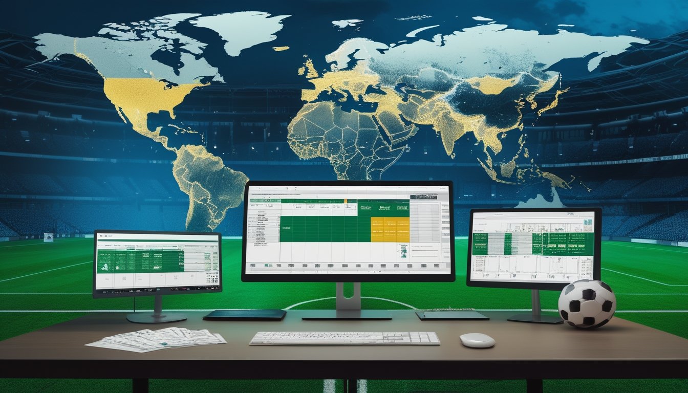 Meja analis olahraga dengan bola dan layar berisi jadwal pertandingan serta grafik data di depan stadion sepak bola.