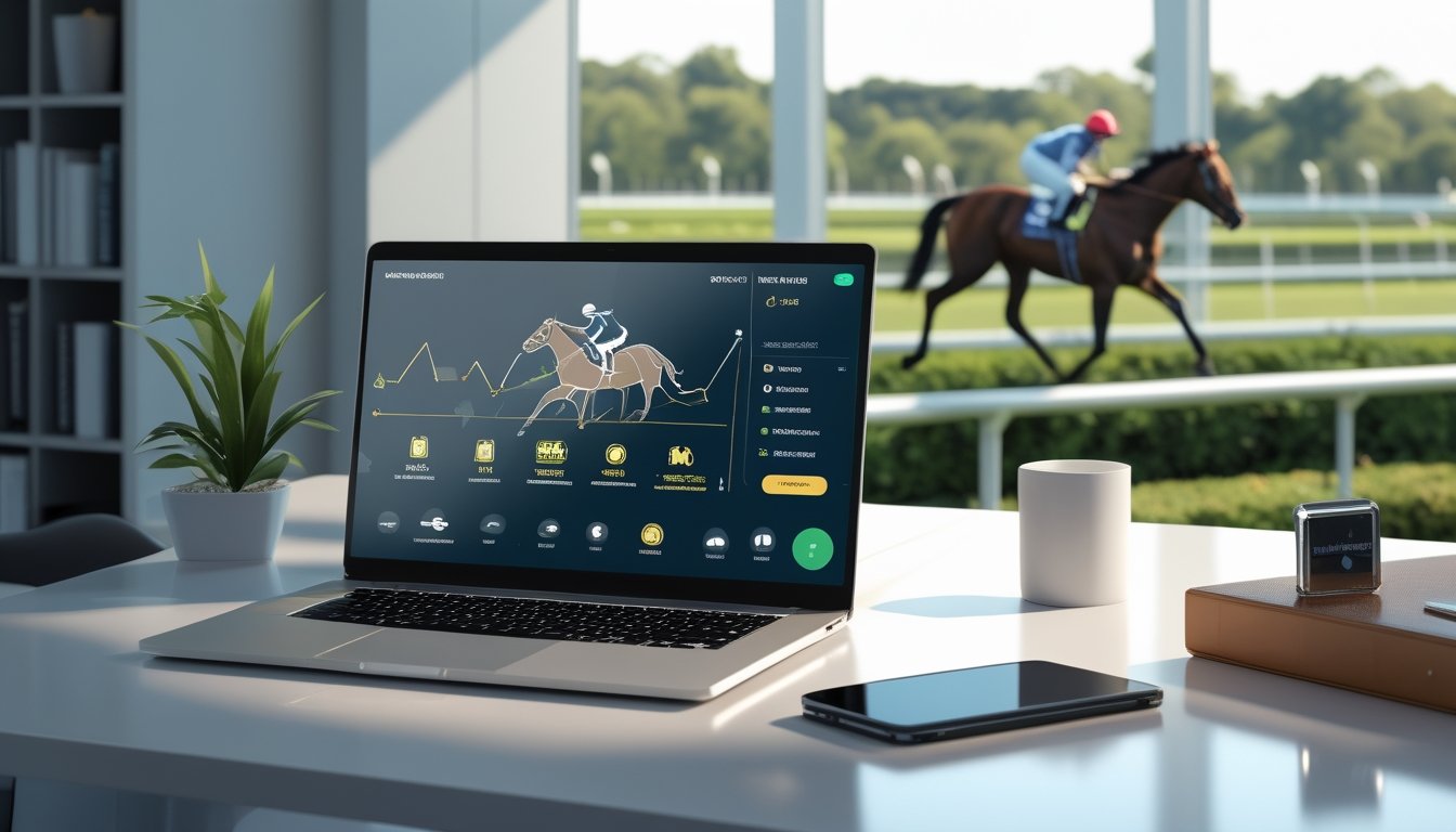 Laptop dan ponsel menampilkan analisis balap kuda dengan latar arena pacuan kuda.