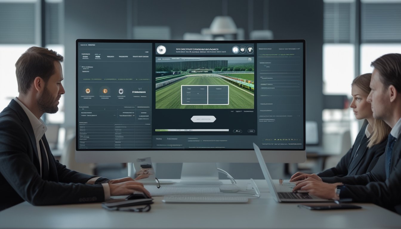 Tim profesional meninjau keamanan dan kepatuhan platform balap kuda online di kantor modern.
