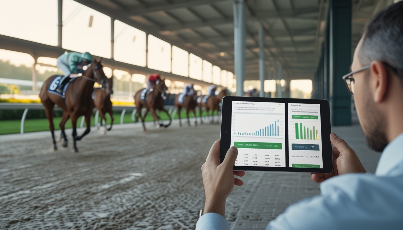 Analis memeriksa data odds sambil mengamati kuda balap di area pacuan.