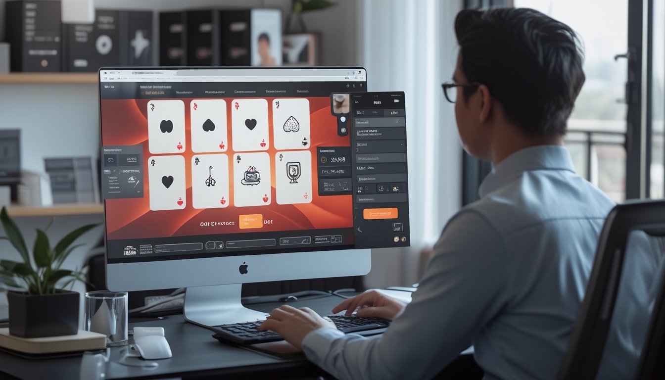 Seseorang melihat beberapa panel permainan kartu digital pada komputer di ruang kerja modern.