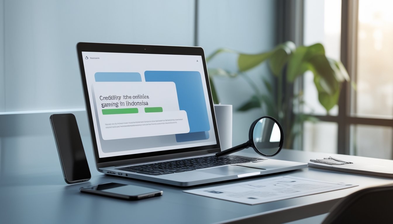 Meja kerja modern dengan laptop, ponsel, kaca pembesar, daftar periksa kosong, dan simbol perisai untuk menilai kredibilitas platform online.