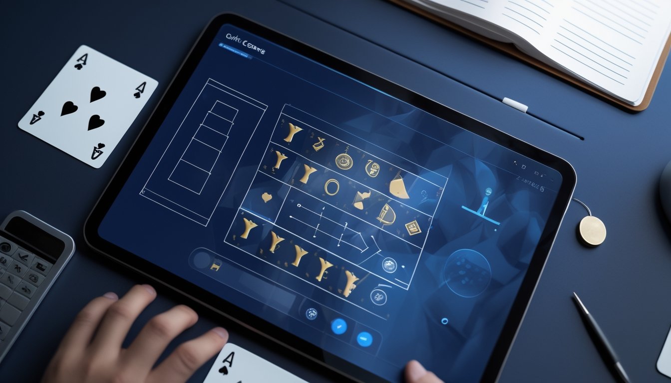 Perangkat digital menampilkan permainan kartu dengan kalkulator, kartu, dan catatan analisis di atas meja.