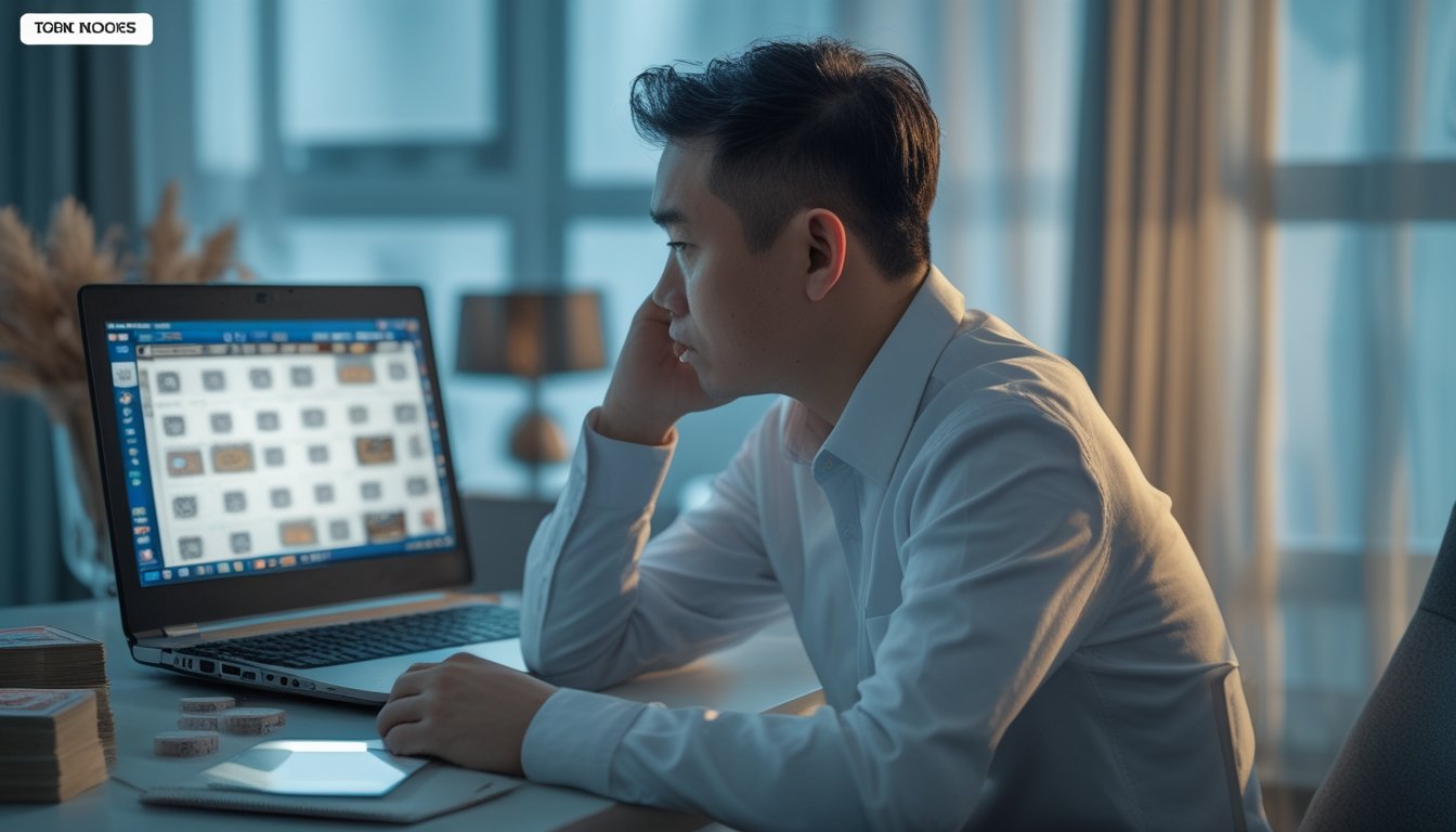 Seorang pemain meninjau keputusan permainan kartu online di meja dengan laptop, catatan, kalkulator, dan segelas air.