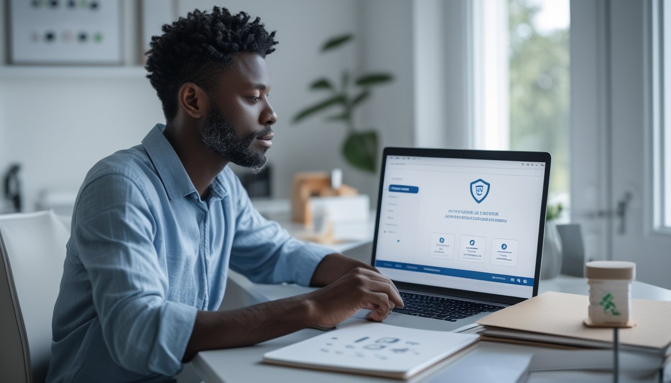 Orang dewasa memeriksa pengaturan keamanan akun permainan kartu online di laptop dengan ponsel dan catatan di meja.