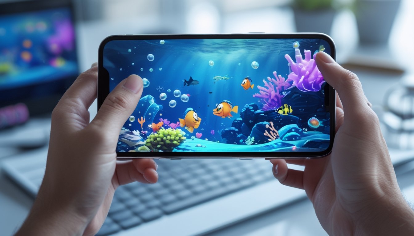 Tangan memegang ponsel yang menampilkan permainan bawah laut dengan ikan warna-warni dan monster laut.