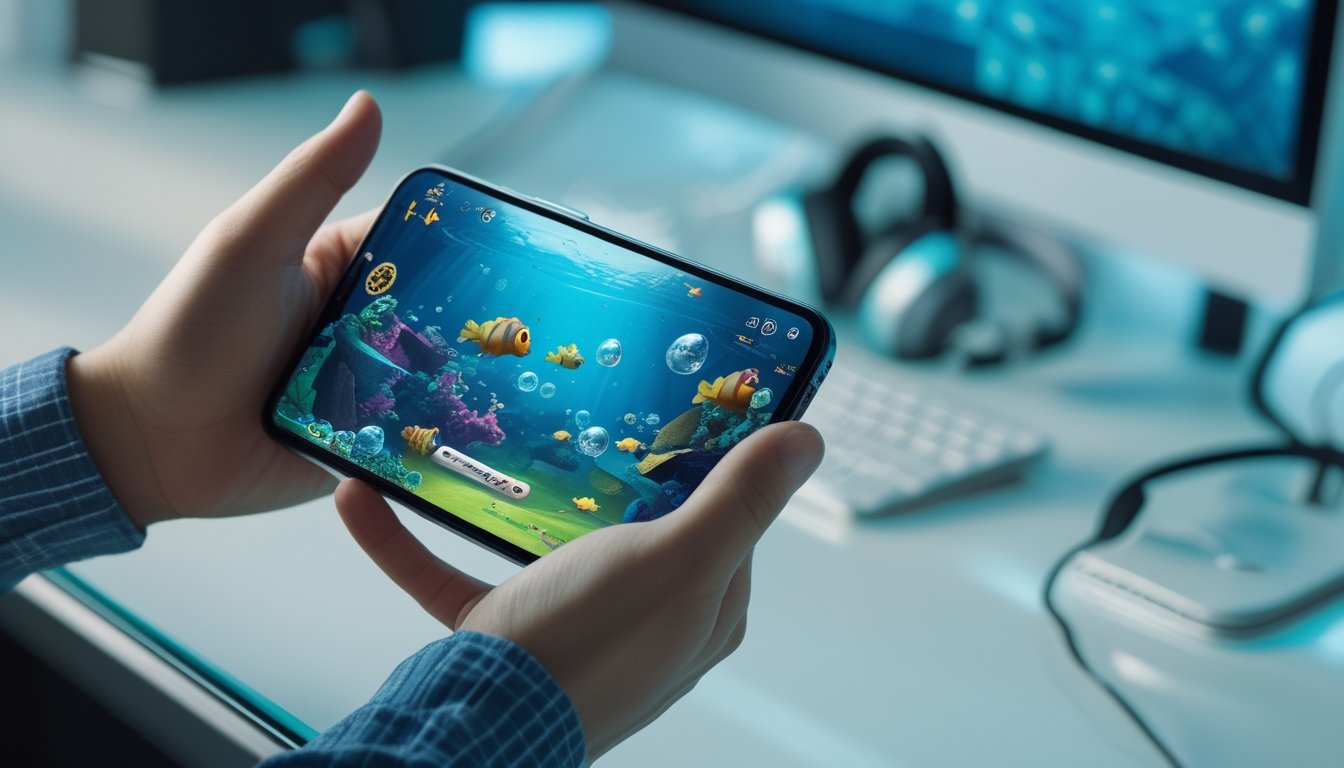 Seseorang memegang ponsel yang menampilkan permainan memancing monster di bawah laut.