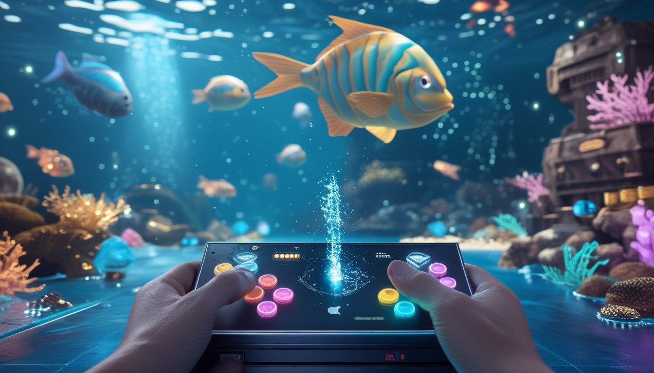 Konsol permainan arcade dengan pengendali yang mengarah ke ikan monster berwarna-warni di dunia bawah laut.