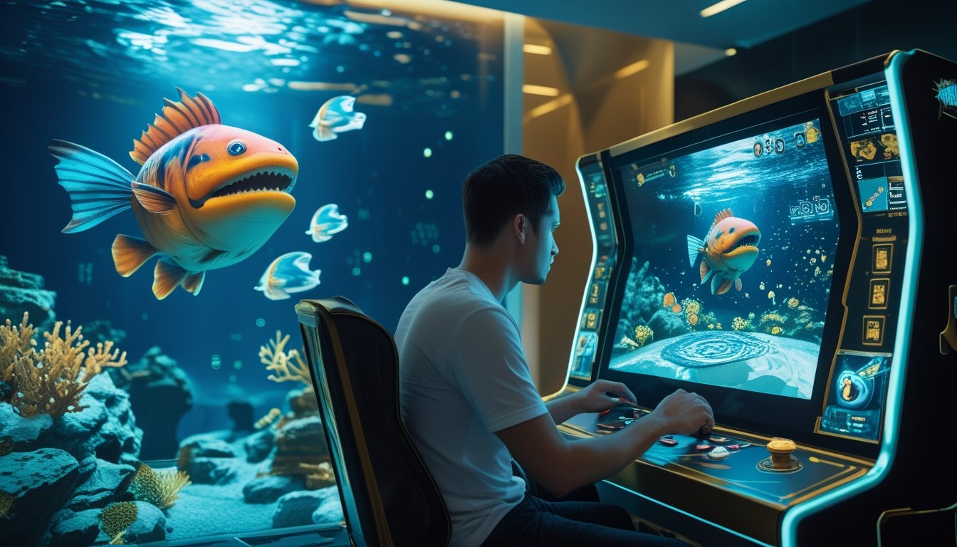 Pemain menggunakan mesin permainan arcade bertema menembak ikan dengan monster laut besar di layar.