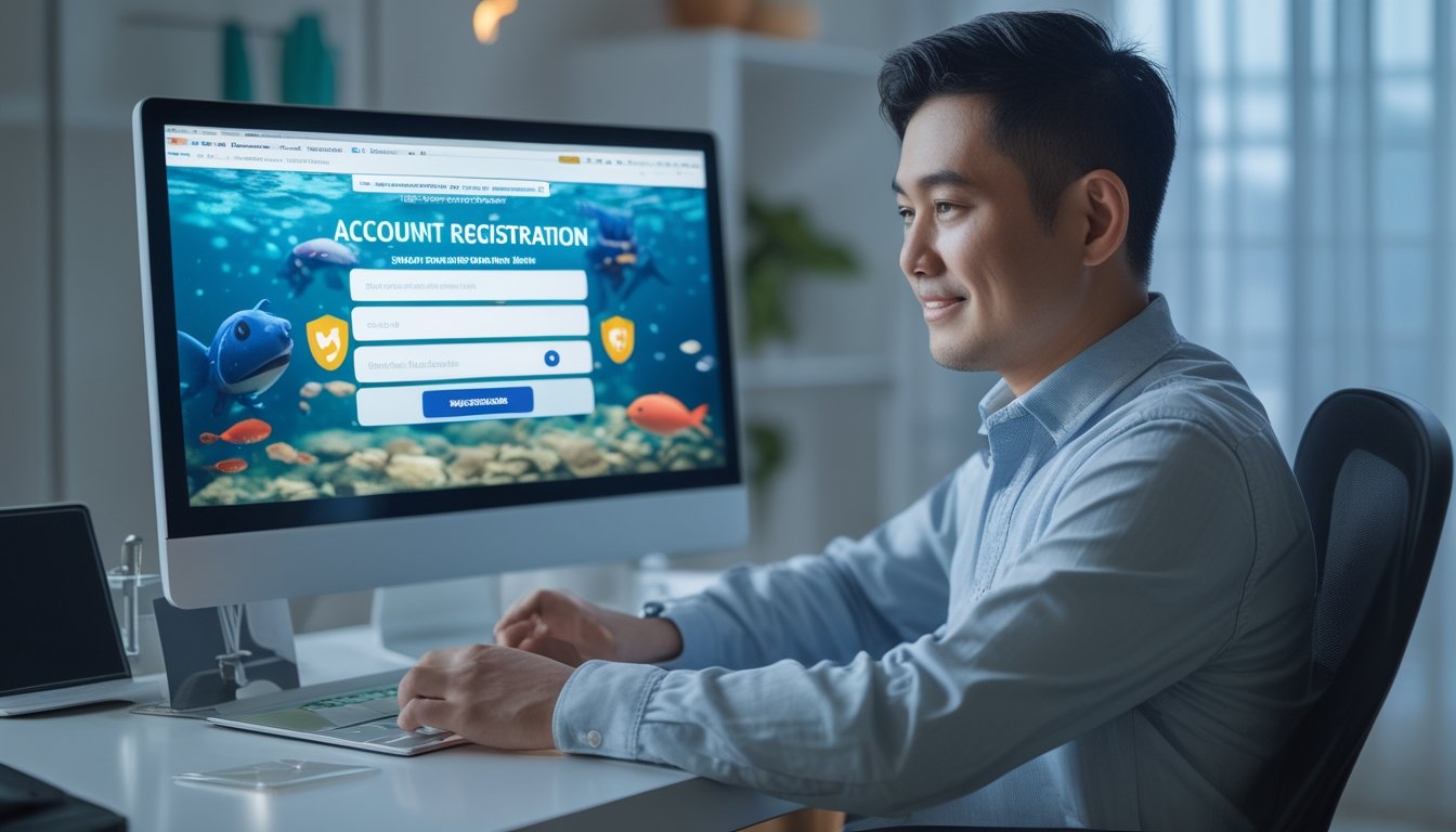 Seseorang mengisi formulir pendaftaran akun permainan ikan monster di laptop dengan simbol keamanan.