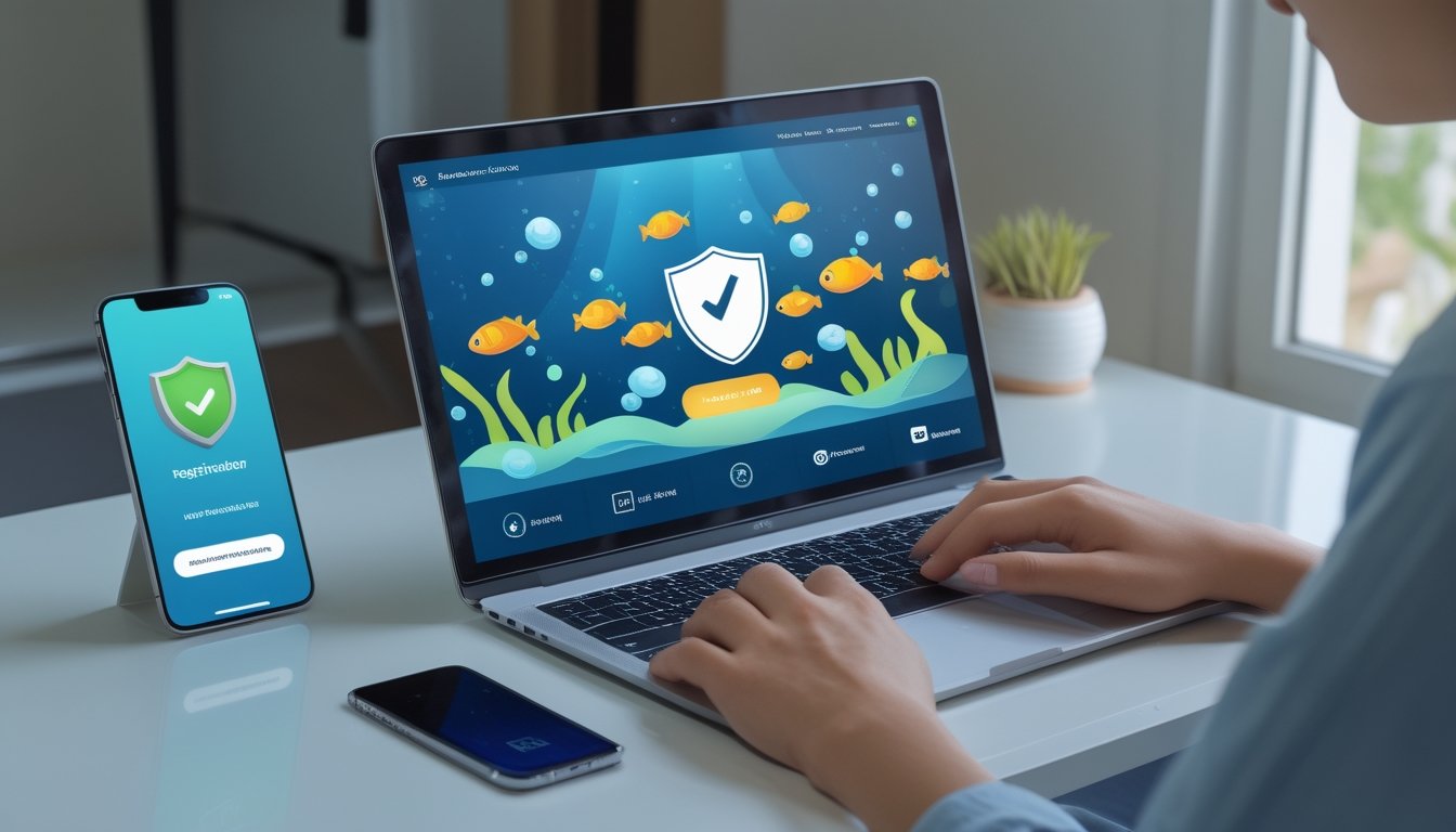 Seseorang mendaftarkan akun permainan ikan melalui laptop dengan simbol keamanan di meja kerja.