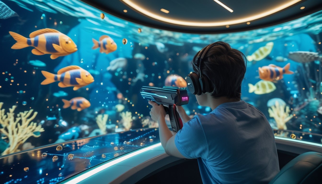 Seorang pemain membidik monster laut dalam permainan arcade bertema bawah laut.