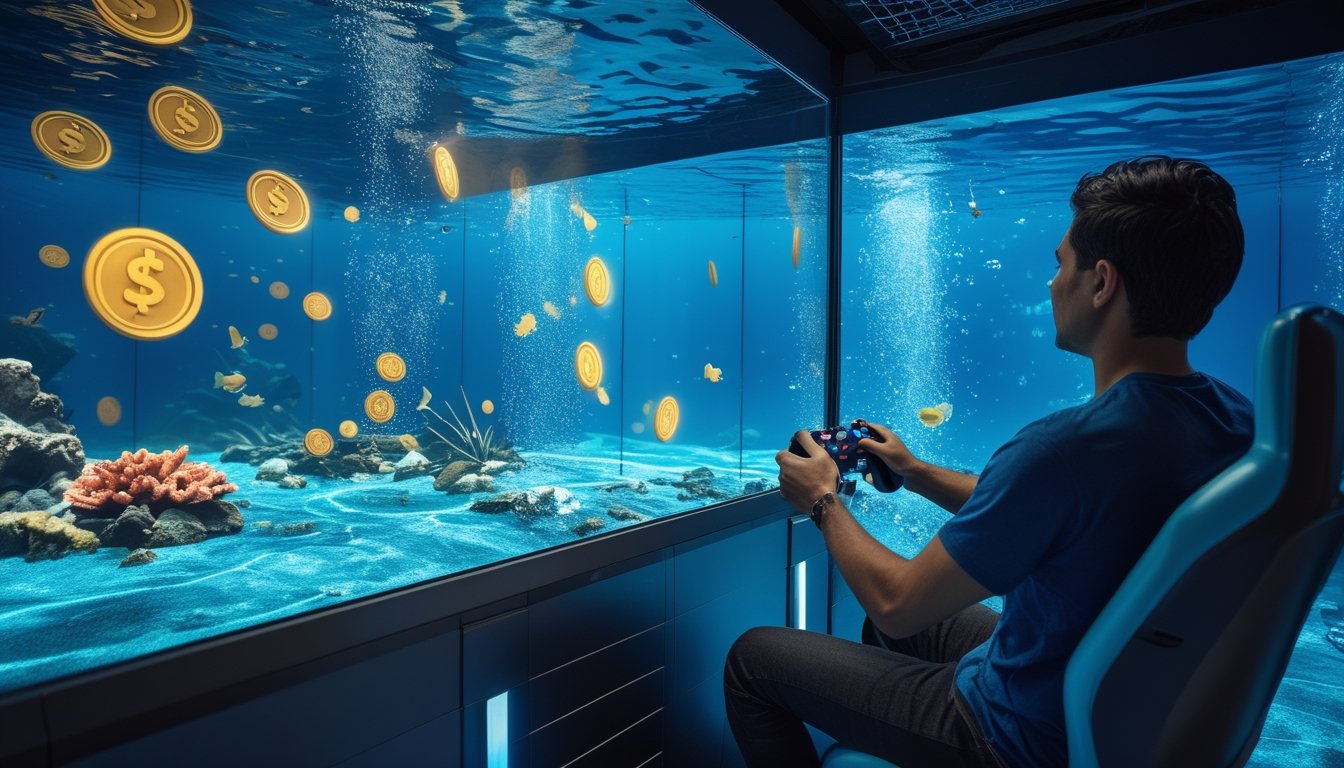 Orang dewasa bermain permainan tembak ikan di depan layar akuarium digital dengan ikan warna-warni dan monster laut.